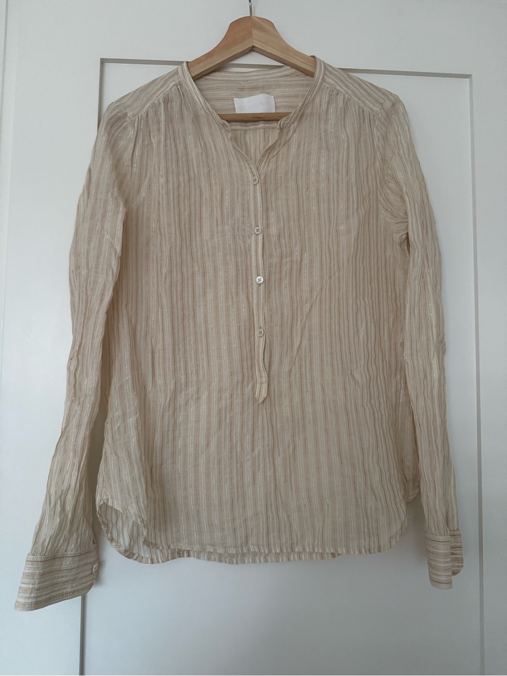 Zadig & Voltaire Beige Gold Metallic Lurex Striped Henley Blouse Size M Flawed